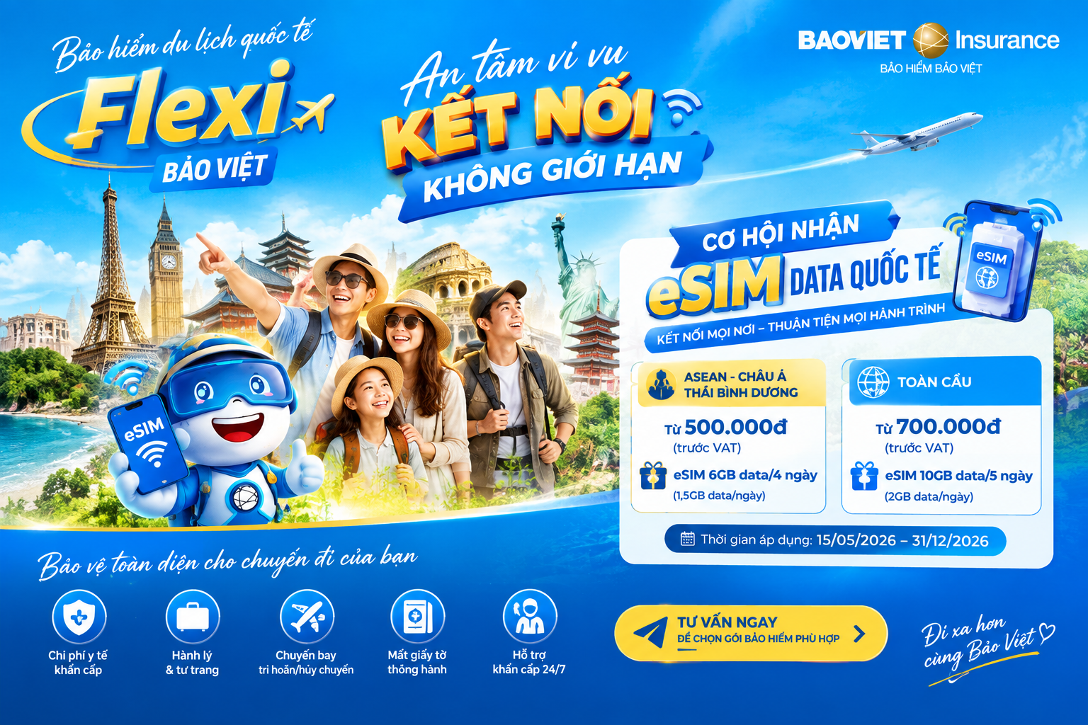 Bảo hiểm du lịch Flexi Bảo Việt – An tâm vi vu, nhận eSIM quốc tế đến 10GB