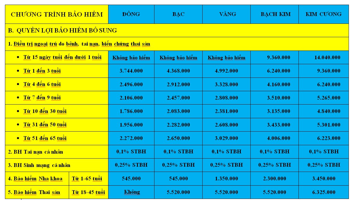 Bảo Việt An Gia -  Bảng quyền lợi bảo hiểm bổ sung
